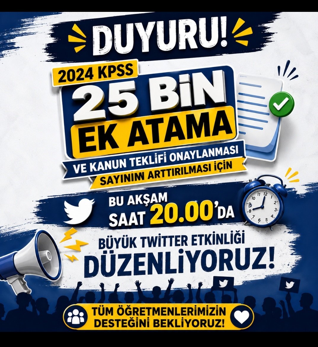 gitaristhoca's tweet photo. 📢 DUYURU

🇹🇷 2024 KPSS ÖĞRETMENLERİ BULUŞUYOR!

📌 25 BİN EK ATAMA talebimizin güçlü şekilde duyurulması ve kanun teklifinin onaylanarak atama sayısının artırılması için bu akşam büyük bir sosyal medya etkinliği düzenliyoruz.

🕗 Tarih: Bu Akşam
⏰ Saat: 20.00

📱 X (Twitter) platformunda sesimizi hep birlikte duyuralım.

🤝 Bir paylaşım, bir yorum ve bir yeniden gönderi binlerce öğretmenin sesi olabilir.

📢 Tüm öğretmenlerimizi ve eğitim gönüllülerini etkinliğimize destek vermeye davet ediyoruz.

Birlikte daha güçlüyüz.
Tek ses, ortak hedef: 25 Bin Ek Atama! 🇹🇷