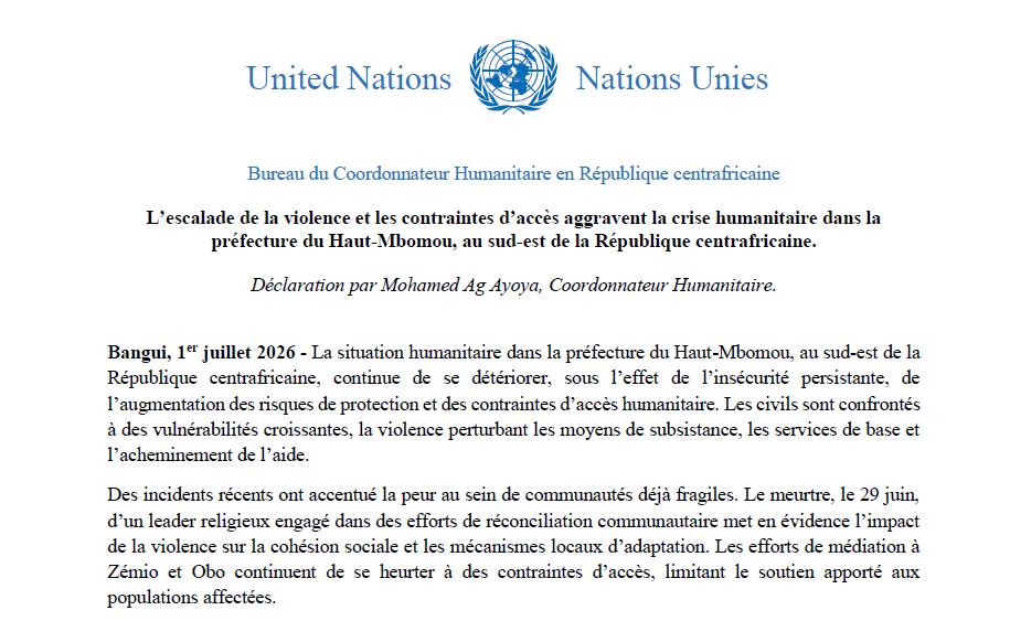 OCHA_CAR's tweet photo. 📡DECLARATION/STATEMENT
🚨 « La situation continue de se détériorer dans le Haut Mbomou », alerte le Coordonnateur humanitaire 🇨🇫, @Ag_Ayoya
⚠️Violence accrue, civils exposés, accès humanitaire entravé. Urgence d’agir⬇️
FR : https://t.co/igcdwiHb9Z
EN : https://t.co/pNZW8QiOYo https://t.co/XD21xrJOr2