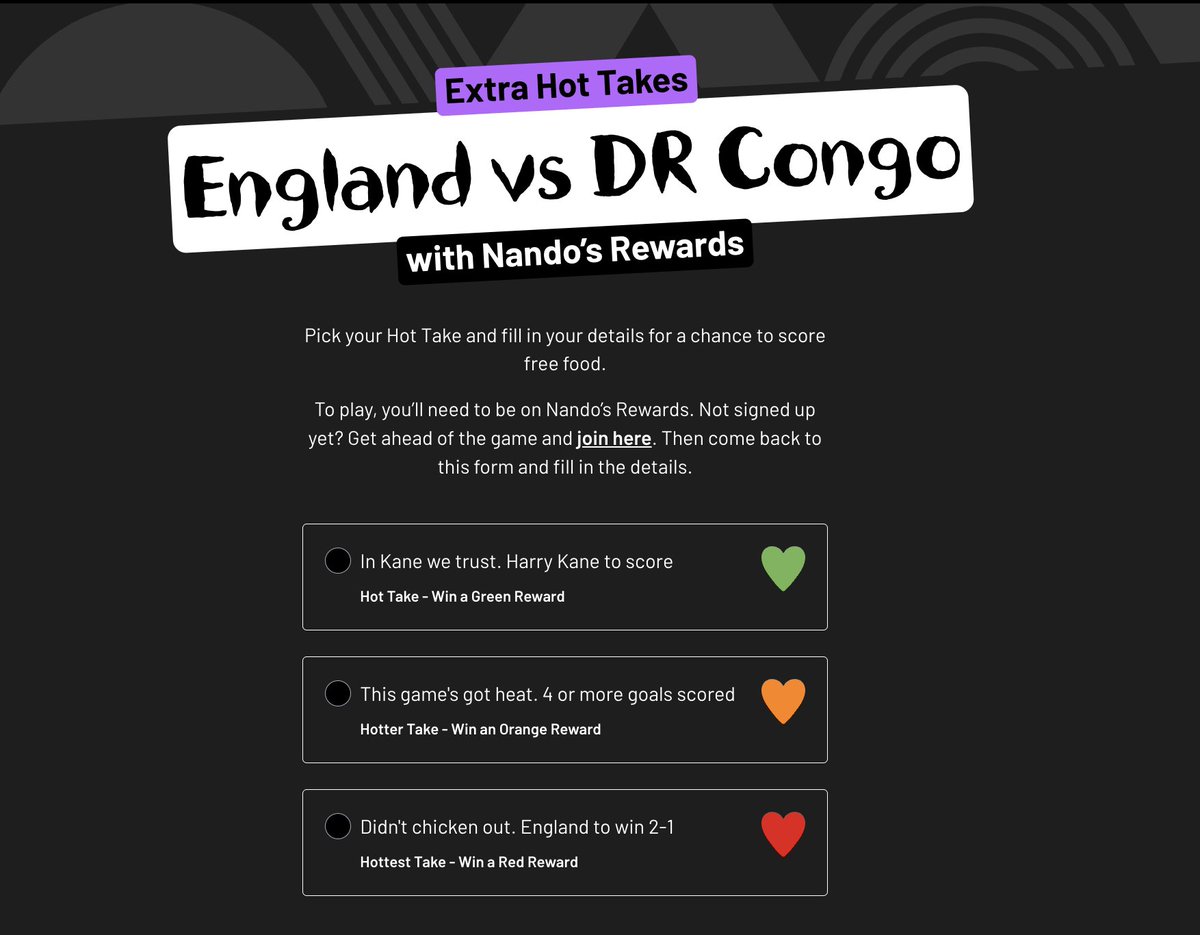 catchagem_'s tweet photo. Easy FREE Nando's? (You must enter by 4pm!) - If Harry Kane score today, you get a FREE Green Reward 🐔 

Harry Kane has scored in 2 out of 3 world cup games this world cup (Plus the 8/8 qualifiers)

You must fill out the form here by 4pm > https://t.co/suu1sXmUc3

You can also grab an orange reward if you predict that 4+ Goals will be scored  

Or a Red Reward if England win 2-1