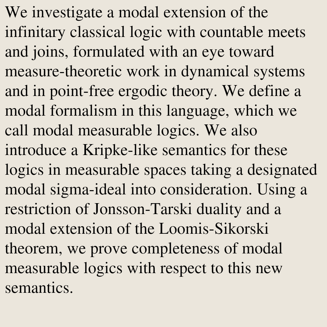 PRWT's tweet photo. Modal Measurable Logics via a Modal Loomis-Sikorski Representation Theorem

Nick Bezhanishvili, Jim de Groot, Lawrence S. Moss
https://t.co/PqtxiD5w36 [𝚖𝚊𝚝𝚑.𝙻𝙾 𝚌𝚜.𝙻𝙾] https://t.co/ETRzLWWo4Y