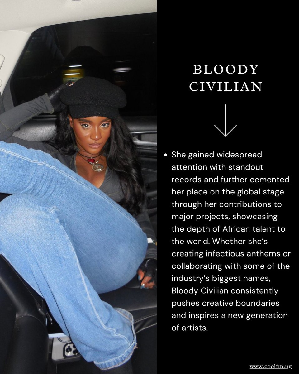 swtnektar's tweet photo. Bloody Civilian continues to push creative boundaries with her artistry, storytelling, and unwavering originality, leaving a lasting impact on the Nigerian and global music scene.

#coolfm969 
#wcw 
#bloodycivilian 
#afrobeats https://t.co/r6RS3wrFjl