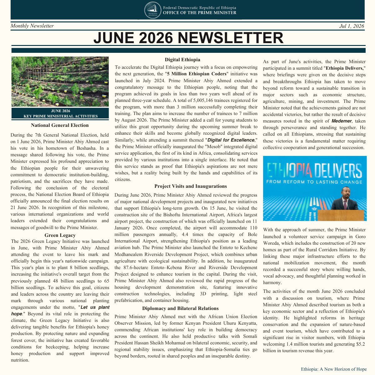 ETEmbassyMGQ's tweet photo. June 2026 Newsletter 

𝐎𝐍𝐄 𝐌𝐎𝐍𝐓𝐇. 𝐅𝐔𝐋𝐋 𝐌𝐎𝐌𝐄𝐍𝐓𝐔𝐌.  𝐏𝐑𝐈𝐌𝐄 𝐌𝐈𝐍𝐈𝐒𝐓𝐄𝐑 𝐀𝐁𝐈𝐘 𝐀𝐇𝐌𝐄𝐃 𝐁𝐔𝐈𝐋𝐃𝐈𝐍𝐆 𝐄𝐓𝐇𝐈𝐎𝐏𝐈𝐀 𝐎𝐍 𝐄𝐕𝐄𝐑𝐘 𝐅𝐑𝐎𝐍𝐓! 

#PMOEthiopia #EthiopiaDelivers https://t.co/OKDtWPU3v6