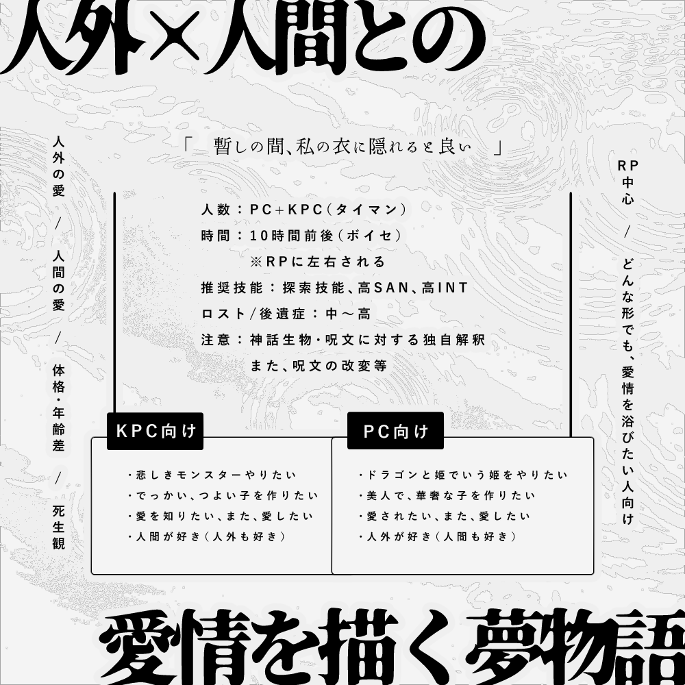 cocwashida's tweet photo. .

▮ᴄᴀʟʟ ᴏꜰ ᴄᴛʜᴜʟʜᴜ『誰が為に愛響む』

.

▸タイマン（KPCのみ新規限定）
▸性癖 [ 人外と人間 × 死生観 × 愛情 ]
▸どんな形でも、愛情を浴びたい人向け
▸RPが多ければ多いほど時間が増えます

.

▮適正診断　https://t.co/izhjNNRBWV

ポトラに出すッ

 #月初めだし自作シナリオ宣伝する