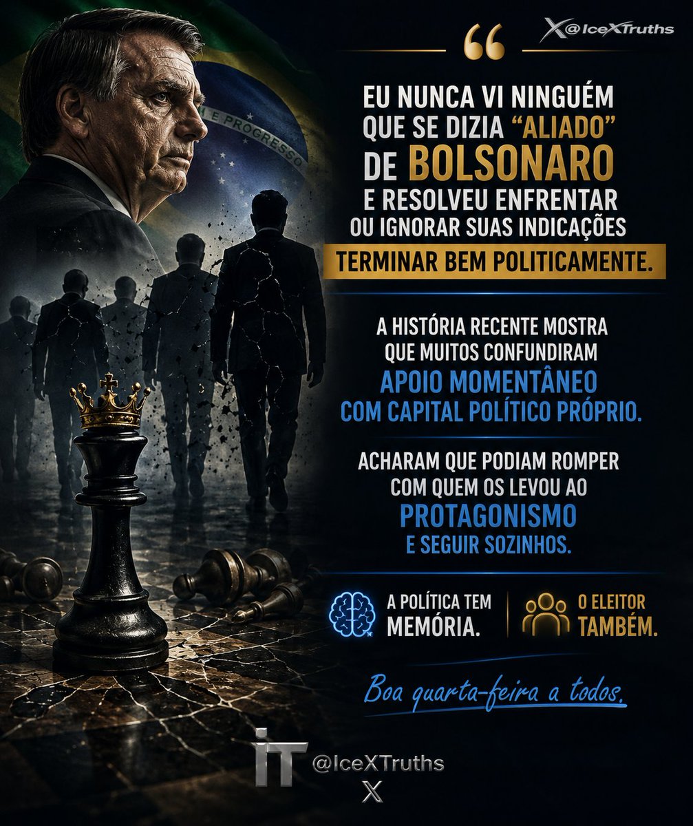 IceXTruths's tweet photo. Eu nunca vi ninguém que se dizia "aliado" de Bolsonaro e resolveu enfrentar ou ignorar suas indicações terminar bem politicamente.

A história recente mostra que muitos confundiram apoio momentâneo com capital político próprio. Acharam que podiam romper com quem os levou ao protagonismo e seguir sozinhos.

A política tem memória. O eleitor também.

Boa quarta-feira a todos.