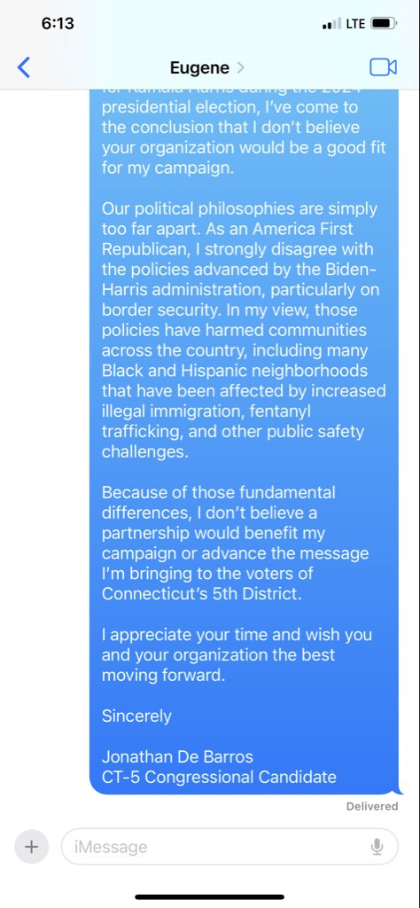 JonathanDeBar78's tweet photo. PRESS STATEMENT

FOR IMMEDIATE RELEASE

Jonathan De Barros: “My Principles Are Not for Sale.”

Today, I made what may be one of the easiest decisions of my campaign.

I declined an opportunity that could have brought as much as $250,000 into my congressional campaign because I refuse to compromise my America First principles for political money.

Based on the information presented to me, the organization seeking to become involved with my campaign has been associated with political efforts that opposed President Donald J. Trump and supported candidates whose vision for America I fundamentally reject. My campaign is built on the America First movement, and I will not accept support that conflicts with those values.

I didn’t get into this race to become another politician willing to say one thing on the campaign trail and do another behind closed doors. I got into this race because the people of Connecticut’s 5th District deserve a representative whose convictions cannot be bought.

Since making that decision, I believe my campaign has come under increased political attacks. That doesn’t surprise me. When you refuse to play the establishment’s game and refuse to sell your principles, opposition often follows.

Let me be perfectly clear:

My loyalty is to the voters of Connecticut’s 5th District, not to political action committees, special interests, or anyone looking to purchase influence.

If protecting my integrity costs me hundreds of thousands of dollars, then so be it.

I’d rather lose an election standing for what I believe than win by compromising the very principles I promised to defend.

My campaign remains committed to securing our border, restoring our economy, protecting constitutional freedoms, supporting law enforcement, defending the American worker, and putting America First.

The people, not special interests, will decide this election.

Jonathan De Barros
Republican Candidate for U.S. Congress
Connecticut’s 5th Congressional District

Paid for by De Barros for Congress.

https://t.co/cEuV6Jqdp7

https://t.co/ophyqWgVON
