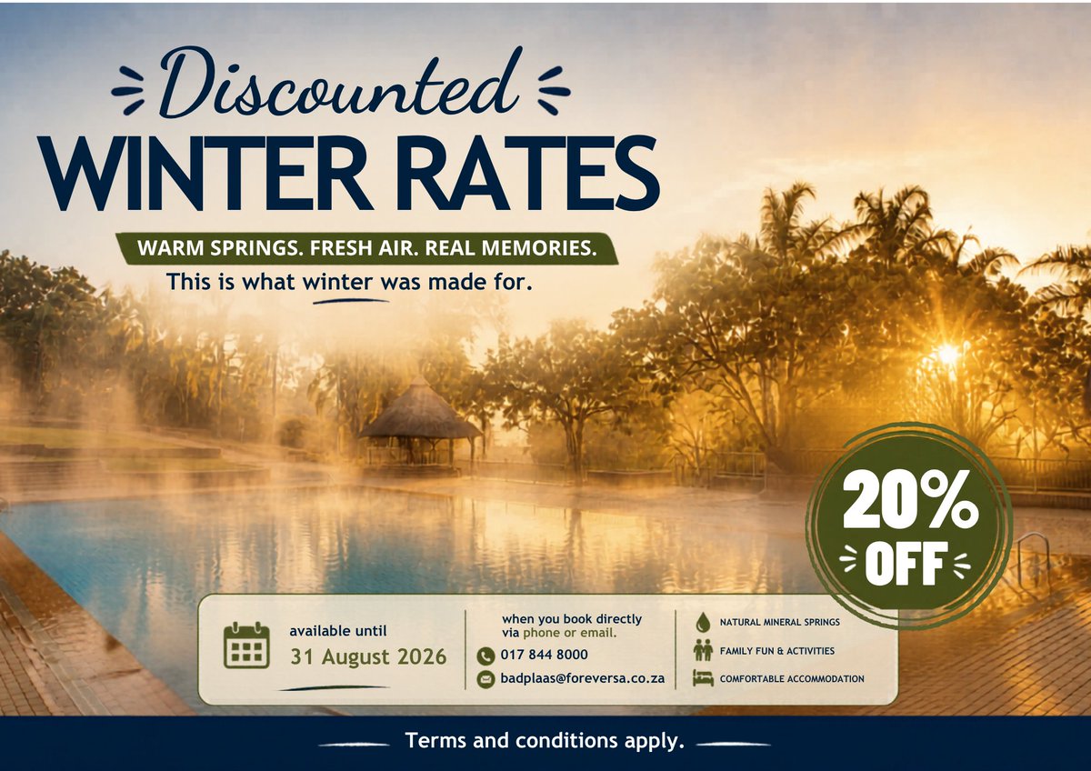 ForeverBadplaas's tweet photo. Would you rather escape for 1 night, 2 nights, the full weekend or for a full week?
 #foreverresorts #foreverbadplaas #winterescape #pools #spa #gamedrive #hotel  #resort
Book your Escape:
https://t.co/RHpIVmV7nf
Tel: 017 844 8000 https://t.co/3pB91CQVIV