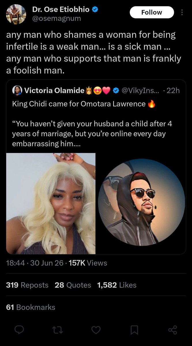 guzu_p's tweet photo. Three fools who have blocked me a long time ago but always cry anytime they see my tweets.

They all watched alabi being ridiculed by his husband for years and never for once cautioned her but me calling omotara out makes me a weak man while them a masculine man.

The fact that they're all men supporting a woman who constantly humiliate her man and make people drag him should tell you how the average man is wired.

This is why i will forever support women punishing these men because weak men are a cancer to our society.

"any man who shames a woman for being infertile is a weak man"

But any woman who ridicule her husband online is a strong woman?

Bunch of foolish simps!