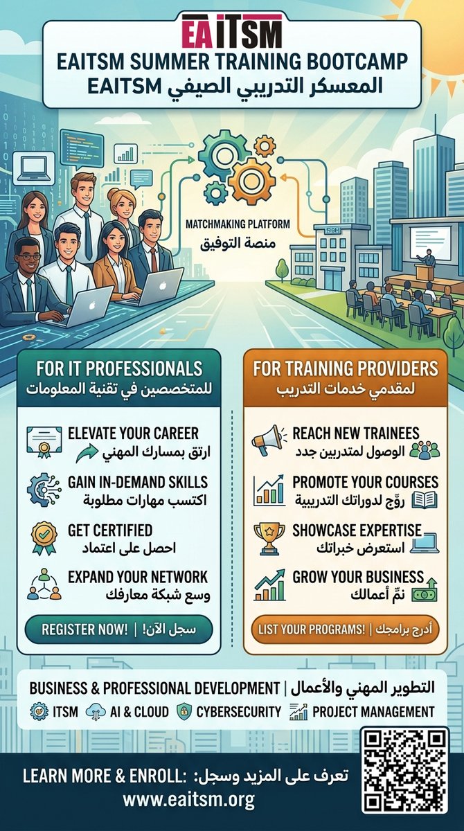 eaitsm's tweet photo. Summer Training Bootcamp for year 2026 is now open
Check details here: https://t.co/bykNWNHbxQ
#EAITSM #SummerBootcamp #ITSM #ITTraining #TechCareers #ProfessionalDevelopment #ITProfessionals #TechTraining #CareerGrowth #ITCertification #TrainingProviders #TechBootcamp https://t.co/I9o3YJBHbY
