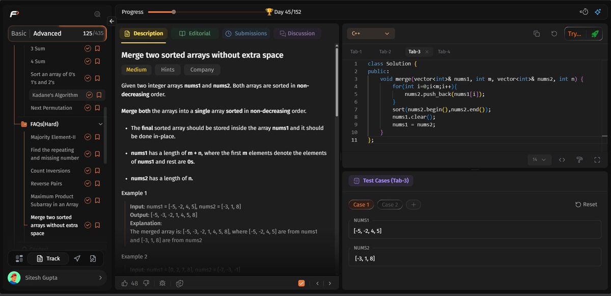 Albedo_369's tweet photo. June recap. 
113 → 125 problems. +12.  
Finished the Hard array FAQs. 
Topics: 3 Sum, 4 Sum, Kadane's, Next Permutation, Majority Element II, Count Inversions, Reverse Pairs, Merge Without Extra Space. 
Most productive month yet.  
Happy\. 
#DSA #TUF #Striver #CodingJourney https://t.co/vRGg9b6b3a