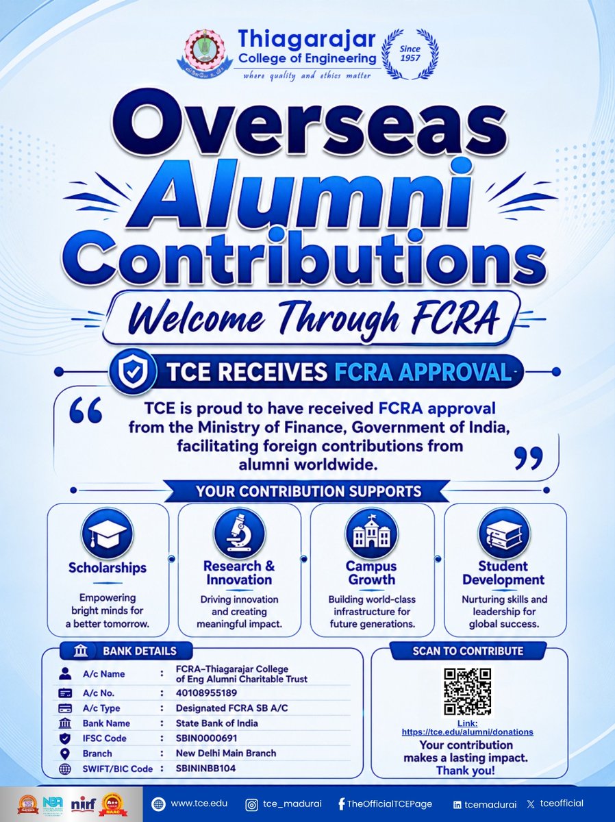 tceofficialpage's tweet photo. ๐ Overseas Alumni Contributions Welcome!
TCE is now FCRA approved, enabling alumni worldwide to support scholarships, research, campus growth & student development.
๐ https://t.co/X5VoQzIggm
#TCE #TCEAlumni #FCRA #GlobalAlumni https://t.co/p9PztW56wi