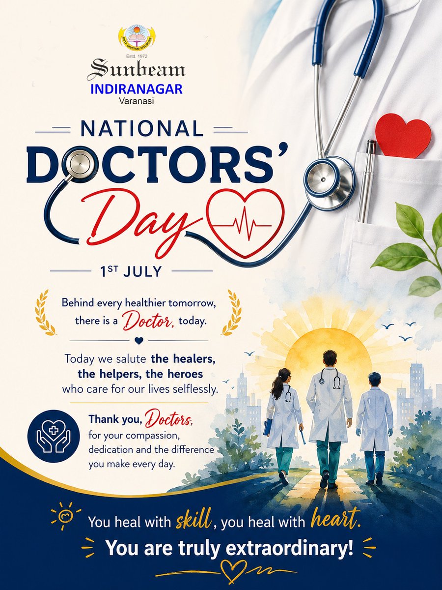 IngSunbeam's tweet photo. Happy National Doctors’ Day!
Thank you to all doctors for your dedication, compassion, and tireless service in healing lives and bringing hope.
#NationalDoctorsDay #Doctors #HealthcareHeroes #SunbeamSchoolIndiranagar #SunbeamExcellence #SunbeamGroupOfEducationalInstitutions https://t.co/wTSOZ2GBot