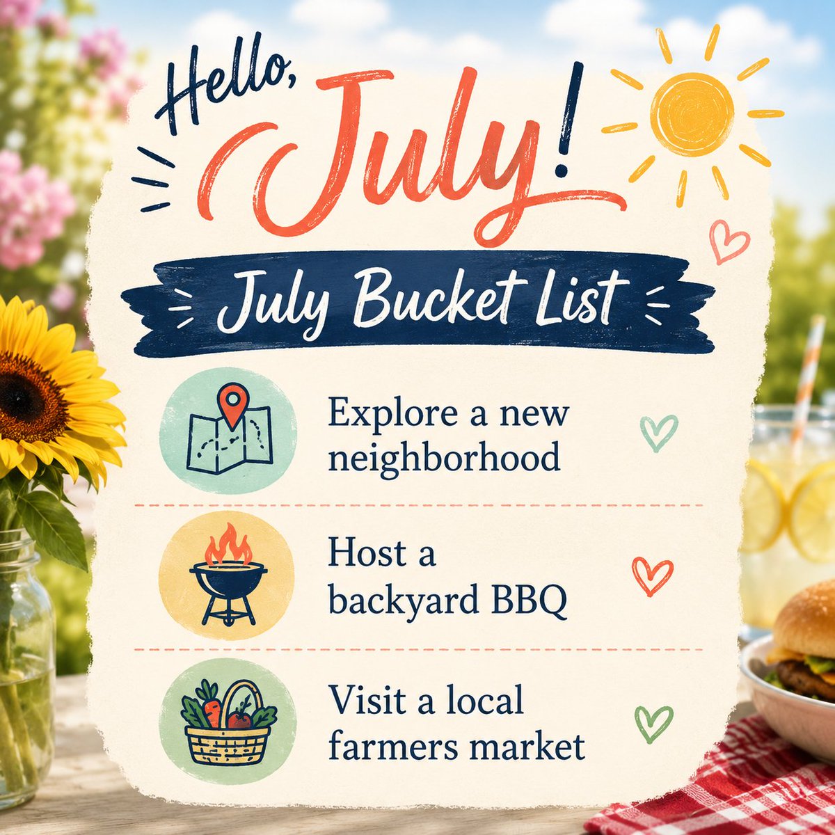 TheTracyTeam's tweet photo. ☀️ Hello, July!

A new month means new adventures, fresh opportunities, and plenty of reasons to get outside and enjoy the season.

✨ July Bucket List:
☑️ Explore a new neighborhood
☑️ Host a backyard BBQ
☑️ Visit a local farmers market https://t.co/Zu0LaxVfZv