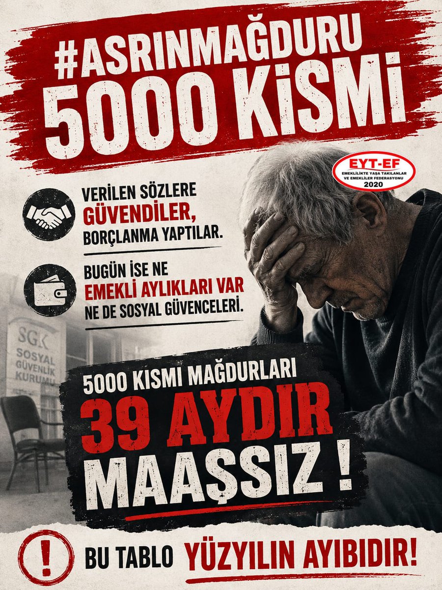 ZeynepDenizMko's tweet photo. EYT
👇
#AsrınMağduru5000Kısmi
Verilen sözlere güvendiler, borçlanma yaptılar.

Bugün ise ne emekli aylıkları var ne de sosyal güvenceleri.

5000 Kısmi mağdurları 
39 aydır maaşsız ! 

Asrın Mağdurudur 5000 Kısmi !
#EmekliMaaşıAsrınFelaketi
@RTErdogan
@isikhanvedat https://t.co/BjpDl8kgHa
