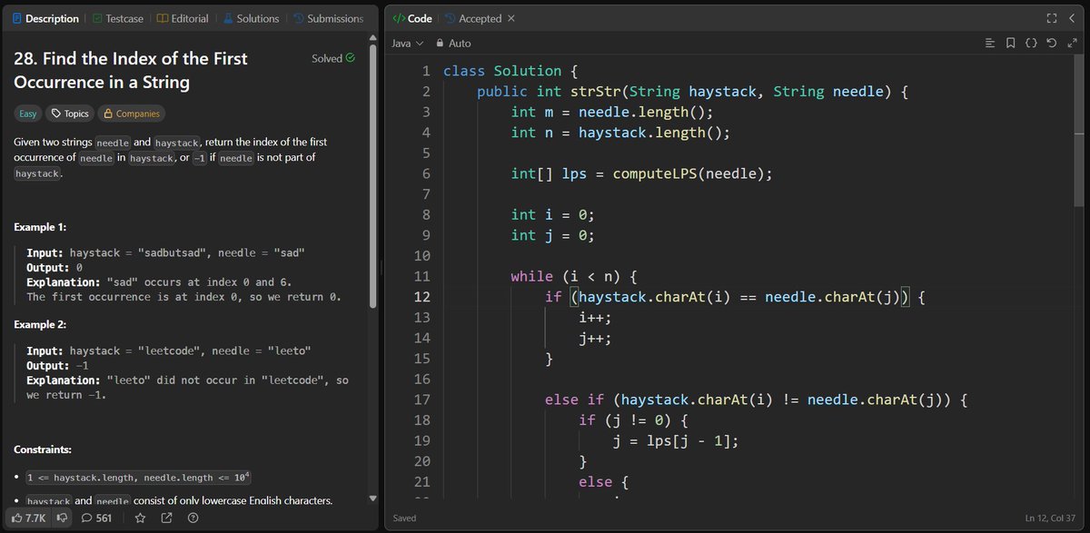 shanu_111ev's tweet photo. 🚀 Day 31/45 #SDESheetChallenge Done  
• Z function
• KMP Algorithm or LPS array
• Minimum insertions to make string palindrome
@takeUforward_ https://t.co/j90QuwjsW6