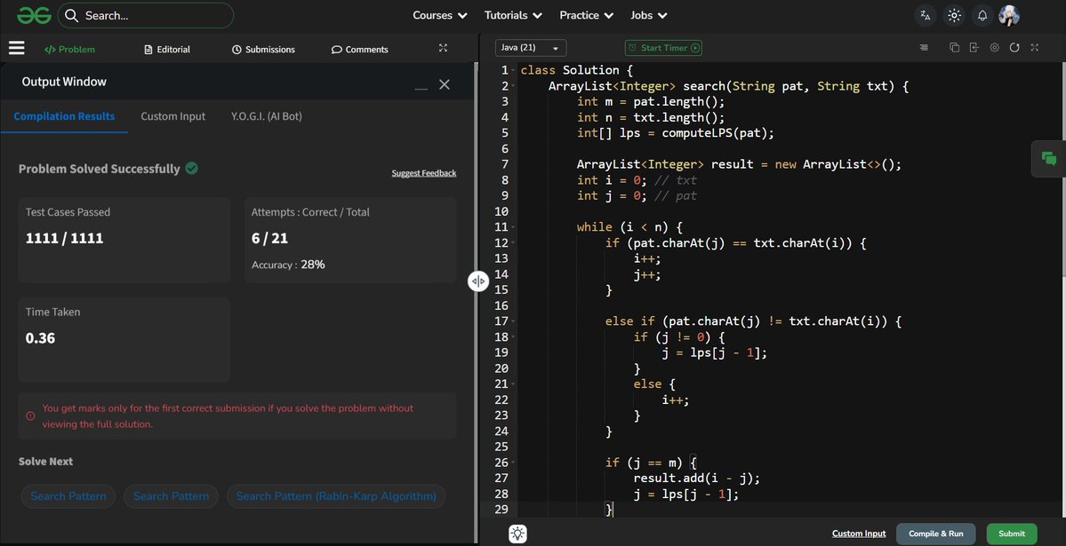 shanu_111ev's tweet photo. 🚀 Day 31/45 #SDESheetChallenge Done  
• Z function
• KMP Algorithm or LPS array
• Minimum insertions to make string palindrome
@takeUforward_ https://t.co/j90QuwjsW6
