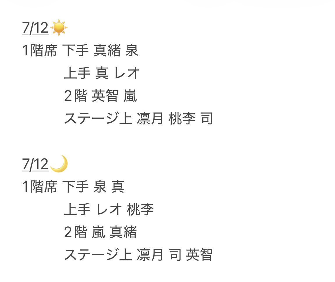 Rinya_ktmr's tweet photo. あんステ 残りの公演の客降り予想です𖤐 ̖́-

(個人でまとめたものになるため間違っている場合があります。あくまで参考程度にご利用ください🙇🏻‍♀️՞) https://t.co/R8UENylq5w