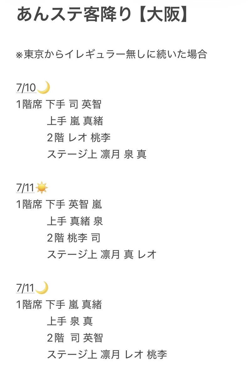 Rinya_ktmr's tweet photo. あんステ 残りの公演の客降り予想です𖤐 ̖́-

(個人でまとめたものになるため間違っている場合があります。あくまで参考程度にご利用ください🙇🏻‍♀️՞) https://t.co/R8UENylq5w