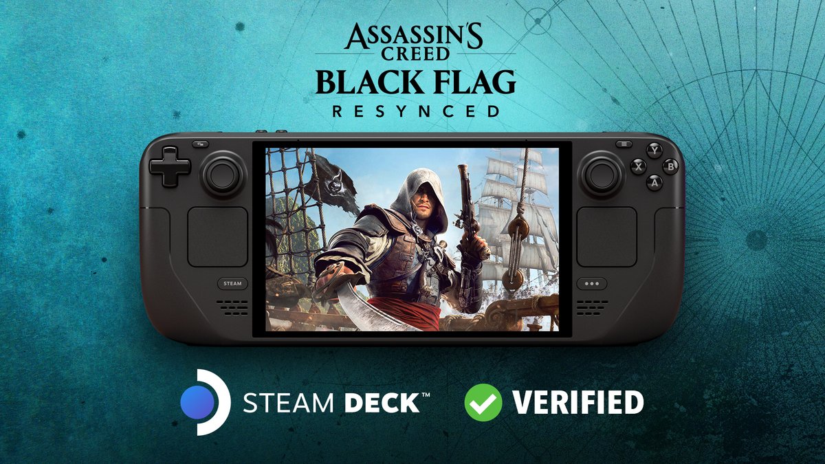 assassinscreed's tweet photo. Assassin’s Creed Black Flag Resynced is Steam Deck Verified at launch, July 9!
Same adventure. Same Caribbean. Take you adventure on the go, and raise the Black Flag anywhere. Last week to pre-order on Steam and get the Blackbeard Crimson Pack!

https://t.co/jKpdi8HITS

#AssassinsCreed