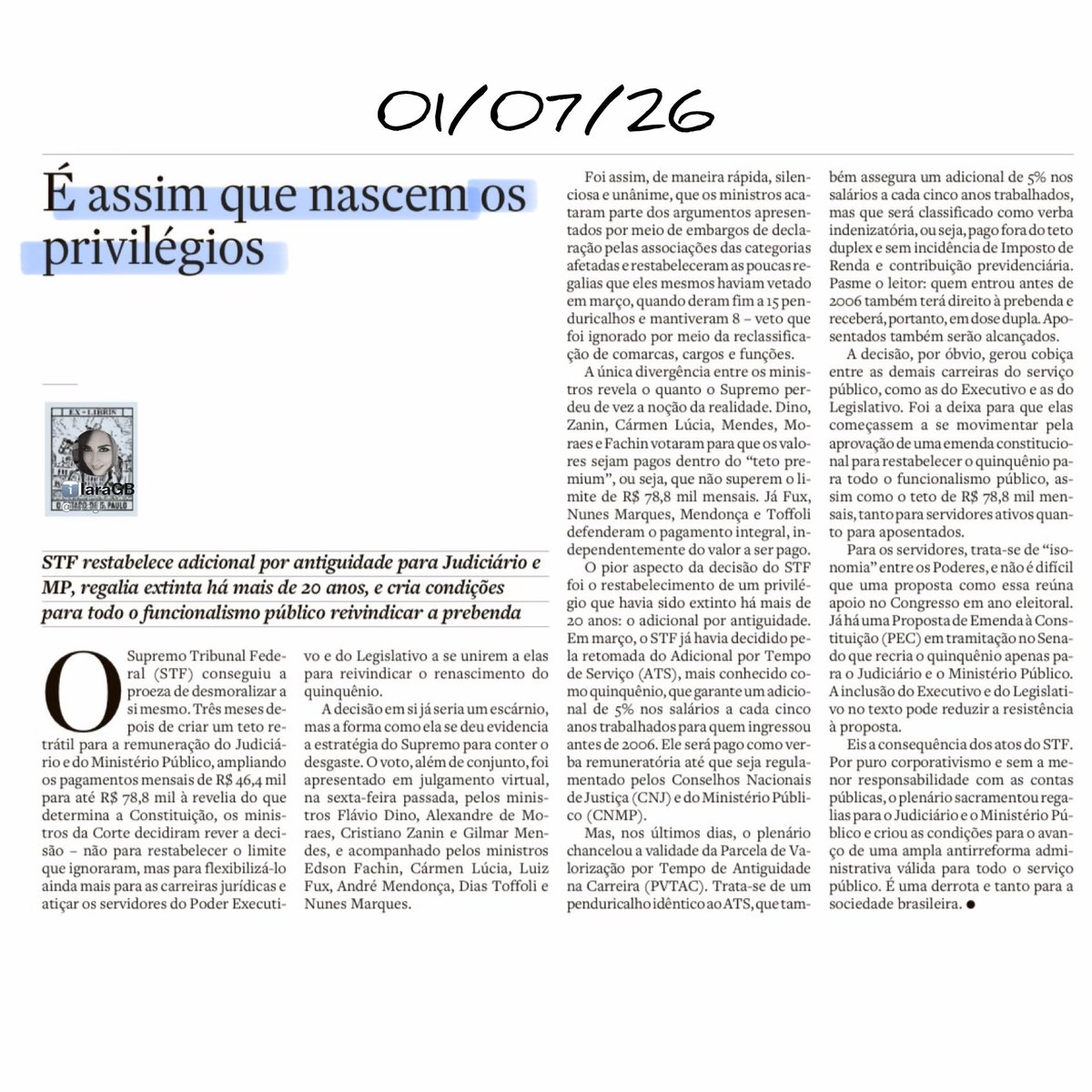 iaragb's tweet photo. Vamos criar um código de ética‼️😂

O STF ressuscitou o adicional por antiguidade um privilégio EXTINTO há mais de 20 anos‼️
E abriu a porteira para que todo o funcionalismo público reivindique penduricalhos semelhantes. 

A decisão, tomada de forma rápida e unânime em julgamento virtual, reforça a lógica do “TETO RETRÁTIL” permitindo remunerações que chegam a R$ 78,8 mil e afastando ainda mais as carreiras jurídicas da realidade do país. Ao transformar benefícios em verbas indenizatórias, livres de teto e descontos, o Supremo cria distorções que estimulam novas PECs e pressões corporativas.
