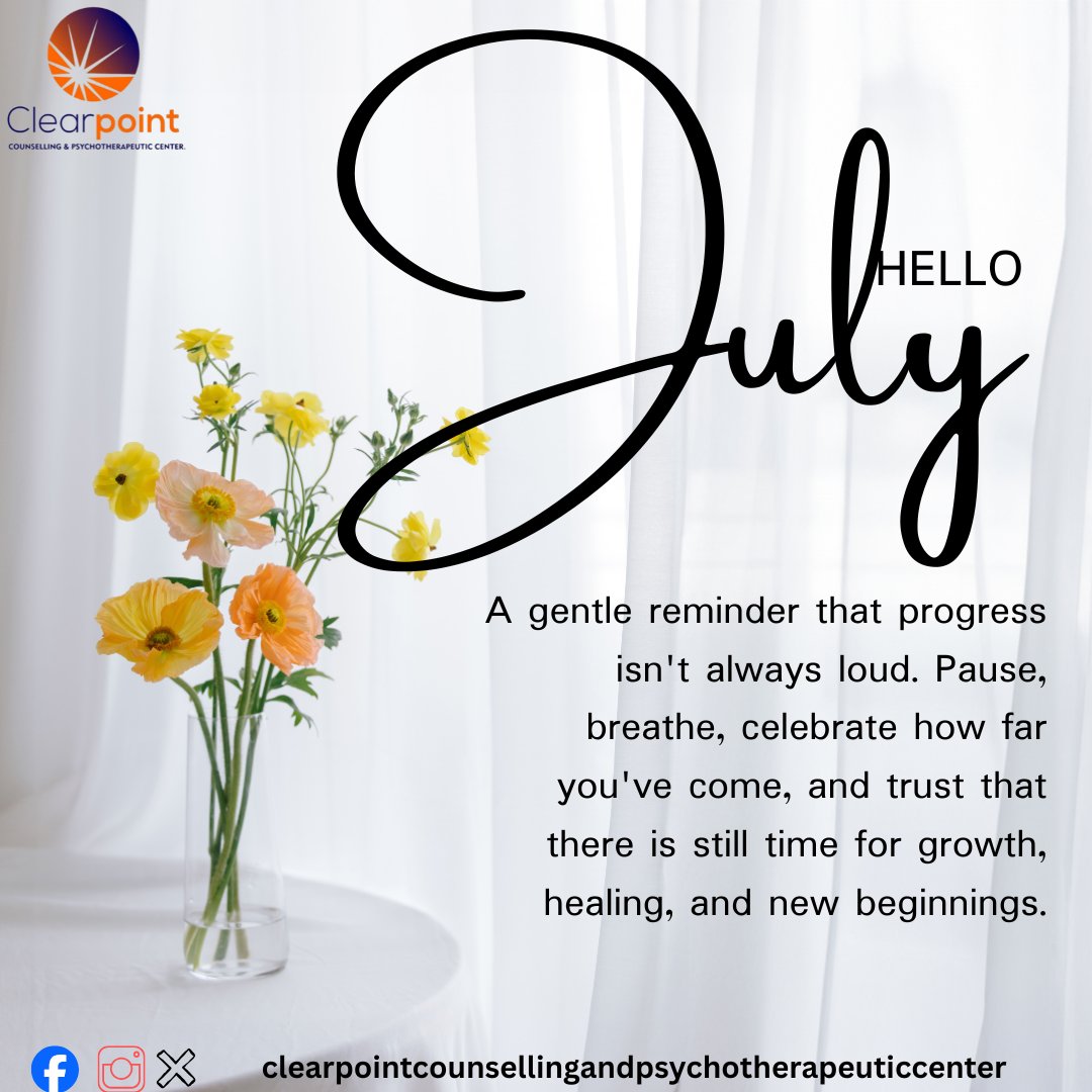 clearpointcoun3's tweet photo. A new month. A fresh start. Wishing you peace, healing, and hope this July.  #HelloJuly #Wellbeing #SelfCare #MentalHealth https://t.co/uvQBg9q9vi