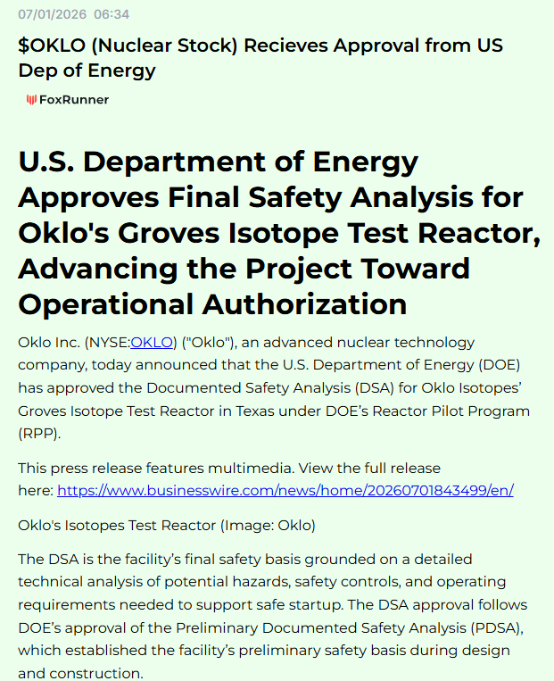 DekmarTrades's tweet photo. Good News for $OKLO! Approval! https://t.co/YoNAKIe35x