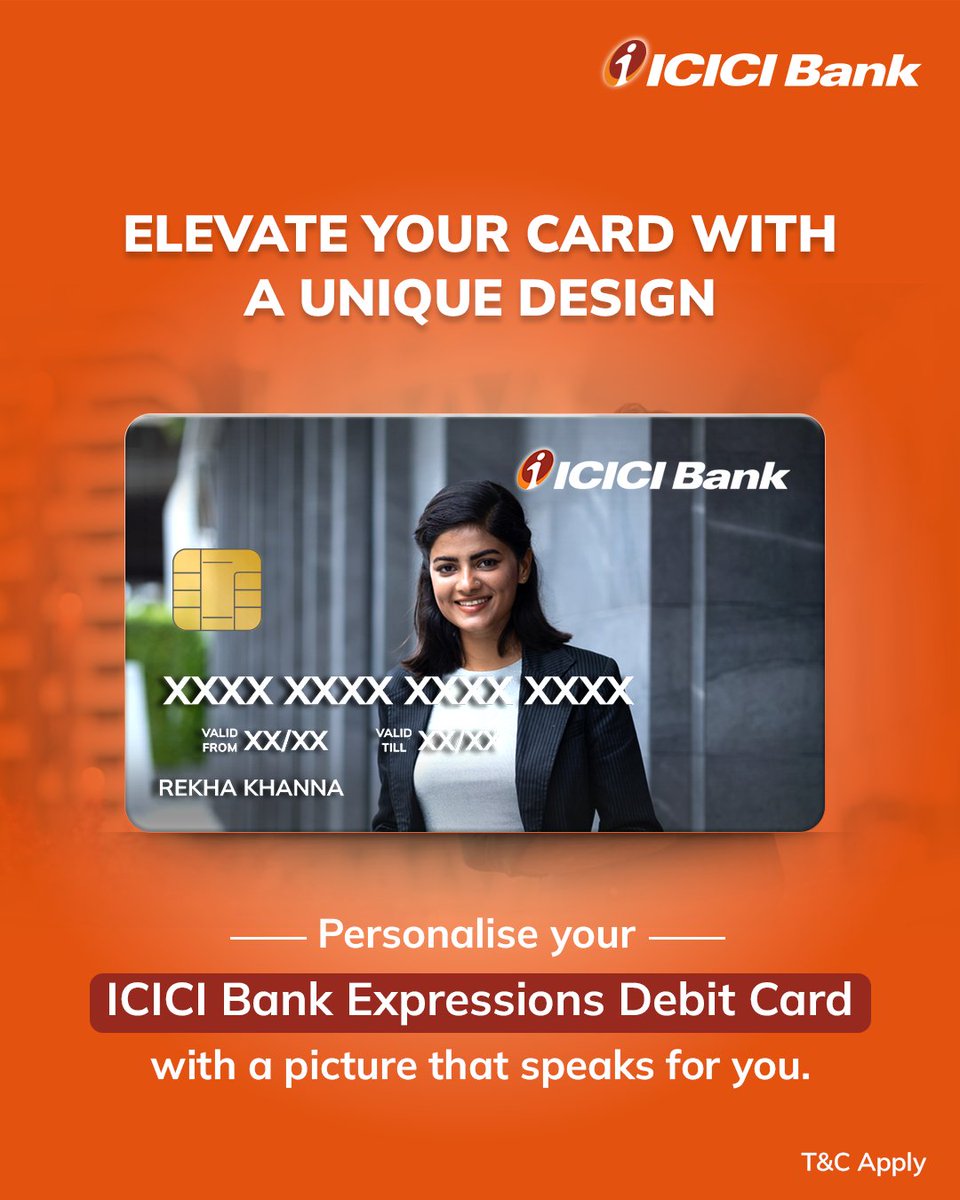 ICICIBank's tweet photo. Stand out with a Debit Card that's as unique as you!

With the ICICI Bank Expressions Debit Card, you can personalise the look with a picture of your choice. 
Choose from our library or select an image of your own.

Apply now! https://t.co/70X6vszLE1