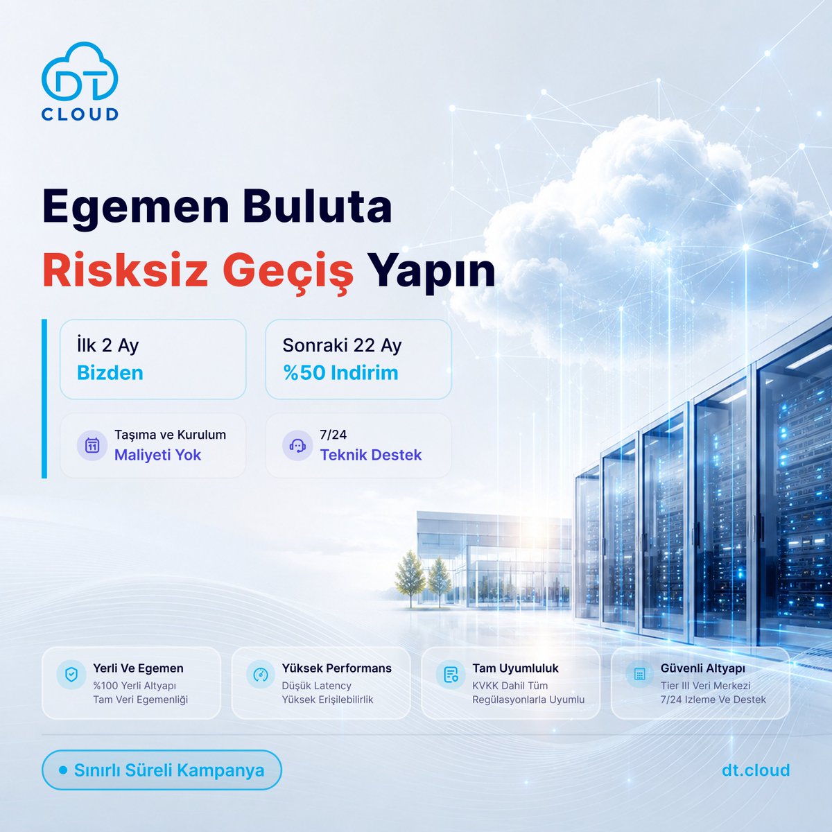 DTCloudnow's tweet photo. 🏢 Egemen Buluta Risksiz Geçiş Kampanyası

Mevcut altyapınızı ister kendi server’larınızda ister farklı bir bulut ortamında konumlandırıyor olun, DT Cloud Public Cloud altyapısına finansal ve operasyonel riskleri minimize ederek geçiş yapın.

Detaylar: https://t.co/OkgqrY80M4 https://t.co/zdjqZdDPdk