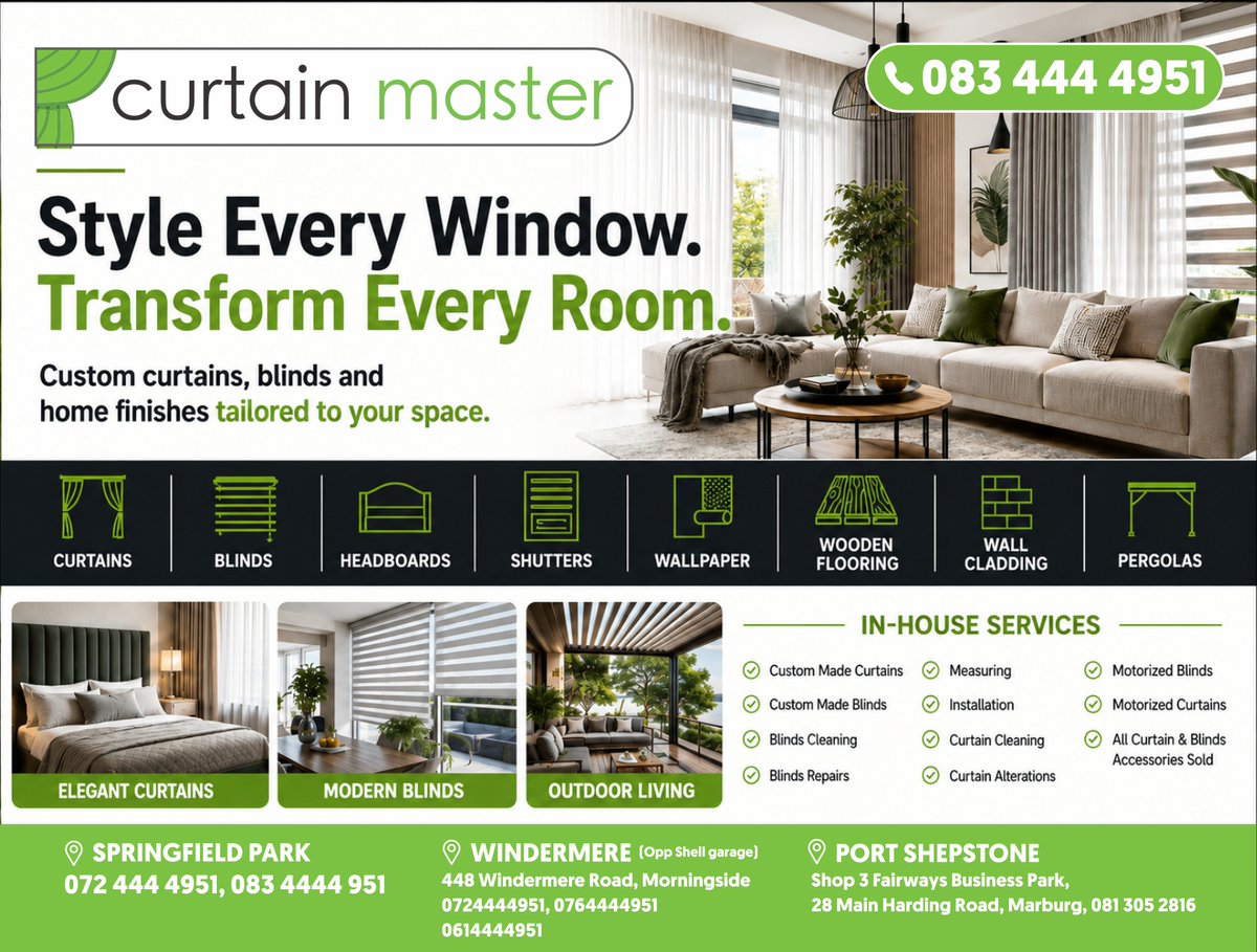IsolezweNews's tweet photo. Isikhangiso  |  E- @Curtain_Master  bahlinzeka futhi belungisa amakhethenisi nama-blinds.
🌐https://t.co/4B0TvCyJxD
📞072 444 4951
📍 448 Lilian Ngoyi Road, Morningside, Durban, South Africa
#curtainmaster #blinds #homedeco #shutters https://t.co/E7DoOx2n2W