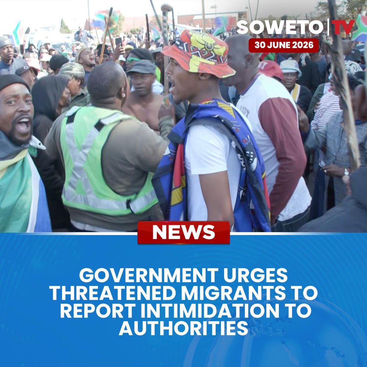 SowetoTVchannel's tweet photo. Government has urged threatened migrants to report intimidation to authorities, stressing that all forms of harassment and violence are condemned.
Published: 30 June 2026
#GovernmentSA #MigrantSafety #StopIntimidation #HumanRights #LawEnforcement #SouthAfrica #SowetoTVNews https://t.co/OX5pGSy7le