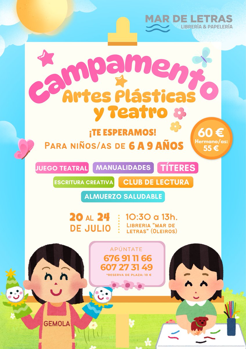 Genma_Pardo's tweet photo. Apúntate! Inscripciones abiertas 😉😍❤️👏🙏 #campamentodeverano #gemola #oleiros #teatro #artesplasticas #GRACIAS https://t.co/J9P6wEPkbJ