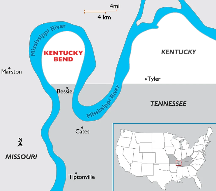 theiaincameron's tweet photo. One of the United State's oddest geographical quirks is the so-called 'Kentucky Bend'. This parcel of land, an exclave of Kentucky, is surrounded on three sides by the River Mississippi (and the state of Missouri), and on its south side by Tennessee.

But, why?   

1/n https://t.co/DZpTV1R9gK