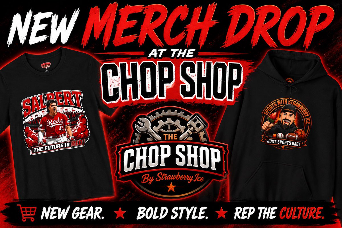 JeffATrennepohl's tweet photo. 🚨 NEW MERCH DROP! 🚨
The latest gear just hit The Chop Shop! 🔥
🟥 The all-new SALBERT tee is here, plus the Sports with Strawberry Ice hoodie and more. Rep your favorite Cincinnati sports show in style!
🛒 Grab yours before they’re gone!
#SportsWithStrawberryIce #ChopShop #NewMerch #Reds #WhoDey #Cincinnati #JustSportsBaby https://t.co/v1B9En4qXu