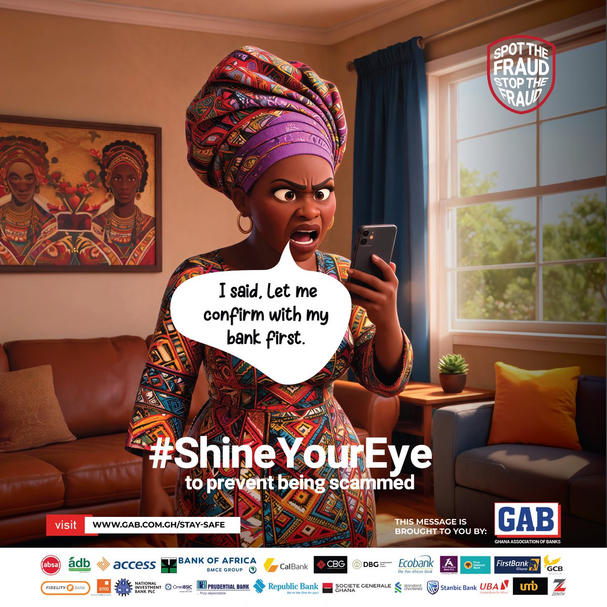 BankersGhana's tweet photo. Madam Shine came with gist! Fraudsters are out here calling people with their best customer service voice asking for PINs. Your bank will never do that. Not for upgrades, not for verification, not for any reason at all. If someone calls you for your PIN, that's all you need to know. Hang up and call your bank. Shine your eye. Spot the fraud, stop the fraud.