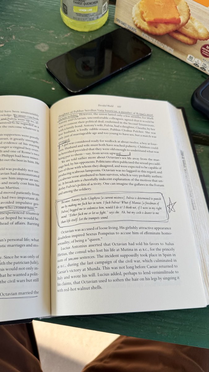 daimieonn's tweet photo. Book of augustus, page 107

I fuck Fulvia? What if Manius [a freedman of Fulvia] begged me to sodomize him, would I do it? I think not, if I were in my right mind. "Either fuck me or let us fight," says she. Ah, but my cock is dearer to me than life itself. Let the trumpets sound https://t.co/1dERgqZW08
