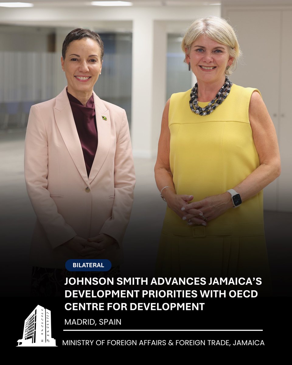 mfaftja's tweet photo. Foreign Minister @kaminajsmith has been using her time in Madrid to deepen Jamaica’s dialogue with the OECD Development Centre on practical development partnerships for the Caribbean.

On the margins of the OECD–Latin America and the Caribbean Ministerial Dialogue, Minister Johnson Smith met with Ms. Ragnheiður Elín Árnadóttir, Director of the OECD Development Centre.

Their discussion focused on the work of the Centre, the recently published Caribbean Development Dynamics 2026 report, and opportunities for closer collaboration with Jamaica and the wider region. Minister Johnson Smith discussed Jamaica’s strong economic progress, strategies for disaster resilience and the importance of development measures that go beyond GDP to better reflect the realities of small and vulnerable economies.

The meeting closed on a positive note, with both sides reaffirming their interest in continued dialogue and practical cooperation.