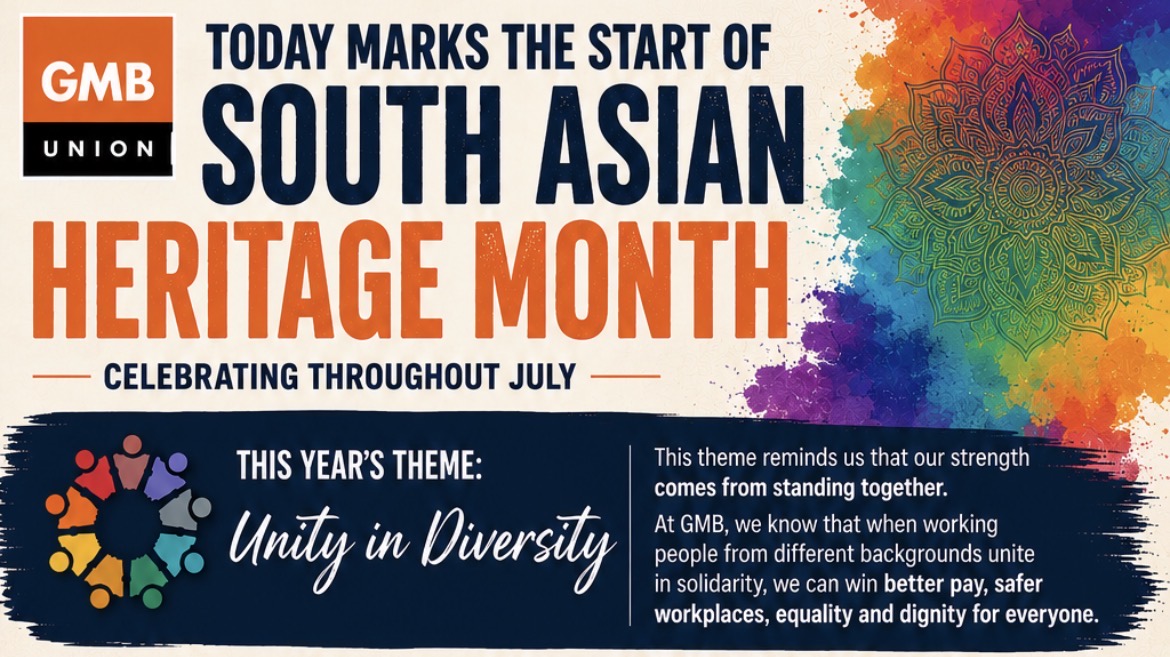 GMBSouthern's tweet photo. This South Asian Heritage Month, GMB proudly celebrates the people, cultures and achievements that enrich our union, our workplaces and our communities.

Together, we are stronger. https://t.co/yMEThHT27s