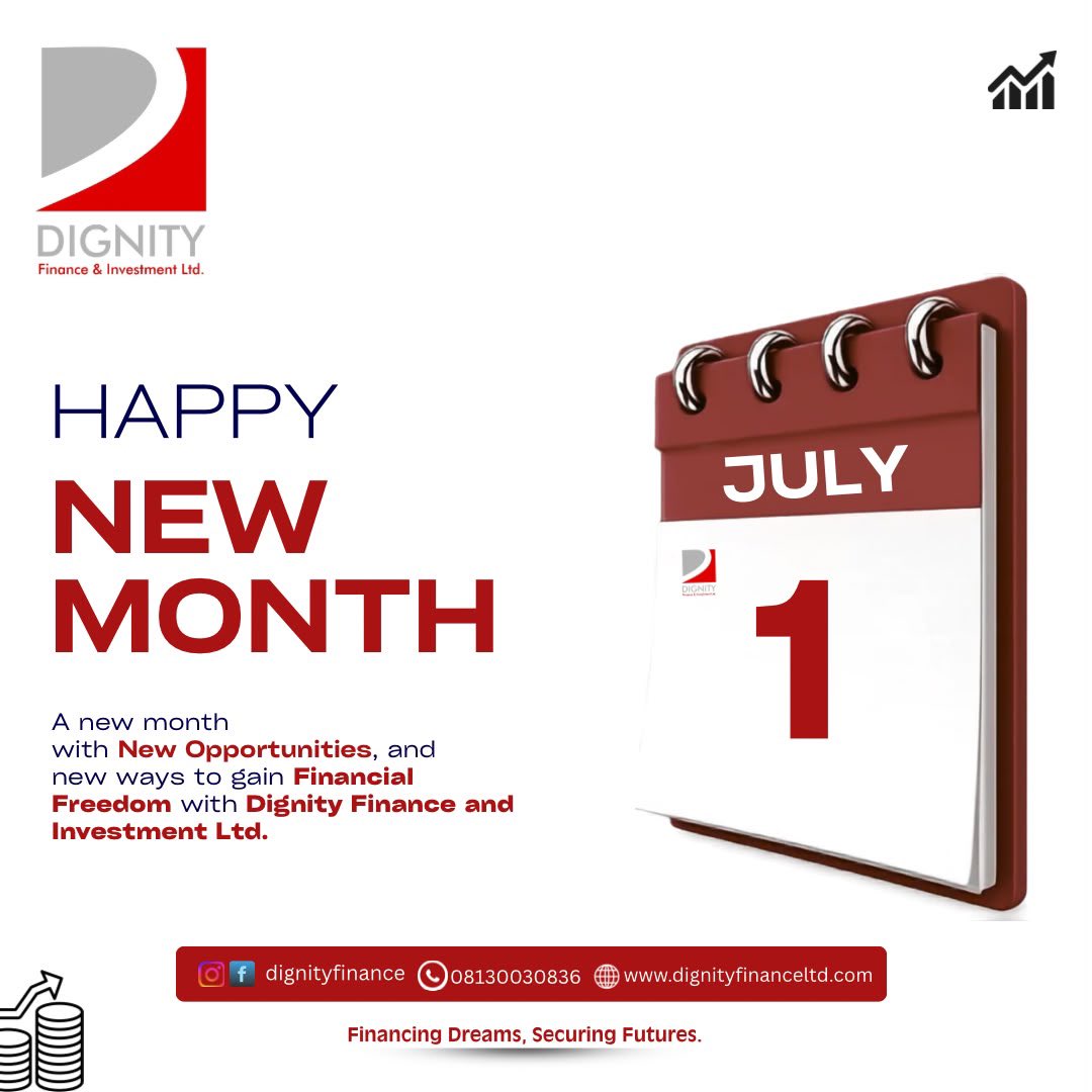 dignity_finance's tweet photo. Happy New Month to our amazing clients 🎉  
Thank you for trusting us. July is loaded with better service, bigger results &amp; more value. Let’s grow together. Cheers!!!
#finance
#July
#CBN https://t.co/SovtkCo01m