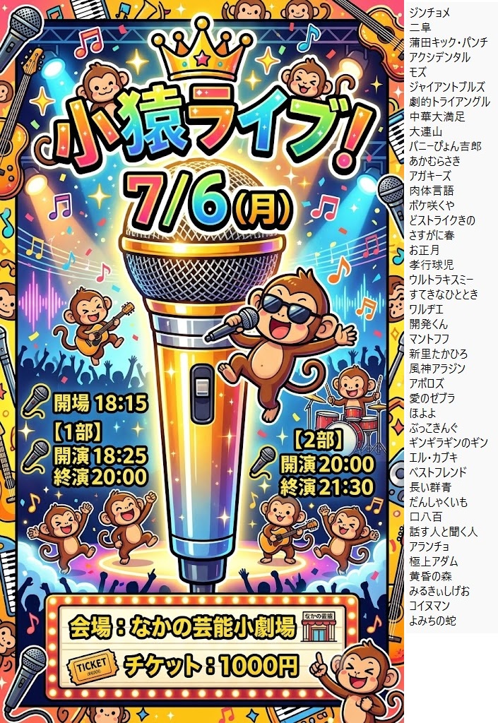 takastarfire's tweet photo. 7/6　月曜日は、　
なかの芸能小劇場で小猿ライブ(*^_^*)

上位1組、 大首領大猿ライブ(賞金５０、０００円)　へオファー！

次の1組、　首領猿ライブ(賞金２５，０００円)　へオファー！

7/6(月) 18:25～21:30 なかの芸能小劇場劇場
小猿ライブ！☆☆☆　〜ネタライブ〜

開場18時15分 
１部 開演18時25 終演20時 
２部 開演20時 終演21時30分 
 ※エンディングが10分ほどあります。

会場 　なかの芸能小劇場 
住所 東京都中野区中野５丁目６８−７ 

チケット 1000円 

ジンチョメ
二阜
蒲田キック・パンチ
アクシデンタル
モズ
ジャイアントブルズ
劇的トライアングル
中華大満足
大連山
バニーぴょん吉郎
あかむらさき
アガキーズ
肉体言語
ボケ咲くや
どストライクきの
さすがに春
お正月
孝行球児
ウルトラキスミー
すてきなひととき
ワルヂエ
開発くん
マントフフ
新里たかひろ
風神アラジン
アポロズ
愛のゼブラ
ほよよ  
ぶっこきんぐ
ギンギラギンのギン
エル・カブキ
ベストフレンド
長い群青
だんしゃくいも
口八百
話す人と聞く人
アランチョ
極上アダム
黄昏の森
みるきぃしげお
コイヌマン
よみちの蛇

その他

スポンサー様

#FAIRYTAIL
https://t.co/1znz3HFJyW

今後のライブ全日程こちらです🙇
https://t.co/DDd0vQHrwM

ホームページ
https://t.co/kzLF6zopIO

チケット予約はTwitterでもオープンチャットでも公式LINEでも芸人さんでも大丈夫です。
↓

オープンチャット「肉食、疾風、小猿、首領猿、チケット予約」
https://t.co/PcDl631YKd

公式LINE
https://t.co/YJqMnmq6fy

どの場合でも芸人さんにバックつきます。