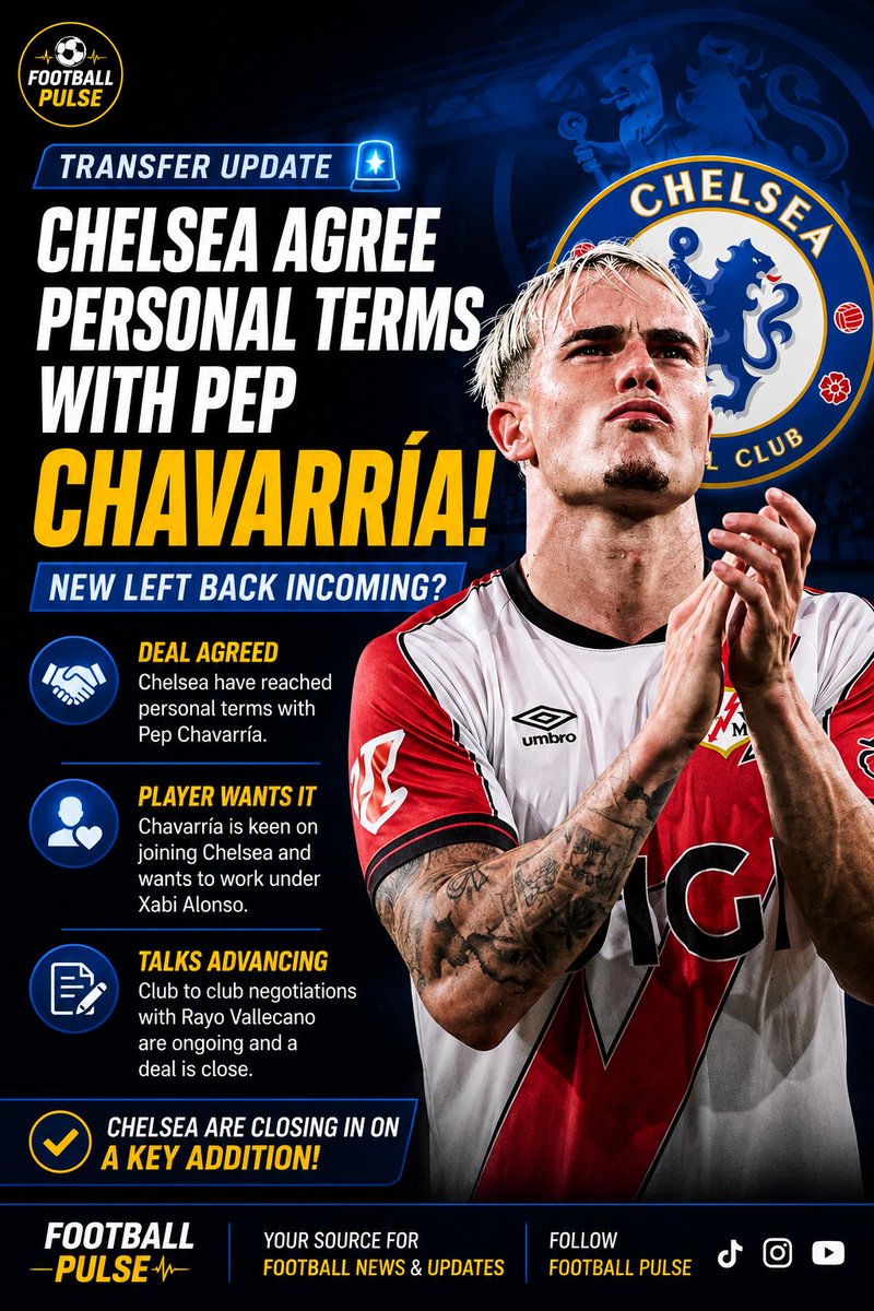 oluvikkisammuel's tweet photo. ๐ต Chelsea close in on Pep Chavarrรญa! Deal talks are progressing. ๐๐ #FootballPulse #cfc #fyp https://t.co/o1ws4ZXEGH