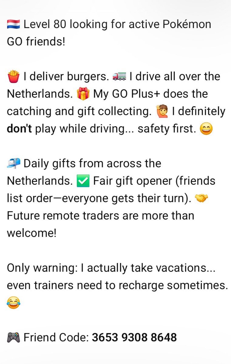 sietzesch's tweet photo. 🇳🇱 Level 80 • Daily gifts from the Netherlands 🚛🎁 Fair gift opener. Looking for active friends &amp; future remote traders!
🎮 3653 9308 8648
#PokemonGO #PokemonGOFriends #PokemonGOTrainer  #FriendCode #FriendRequest 
 #ポケモンGO
 #フレンド募集 #ギフト交換 https://t.co/BPc9QNAO6l