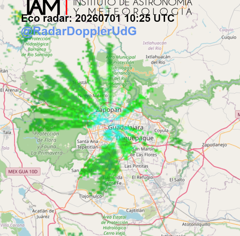 RadarDopplerUdG's tweet photo. Al momento el Radar registra este panorama  de #lluvia ligera en amplia zona del #AMG y sus alrededores. https://t.co/CSWT5VqYLb