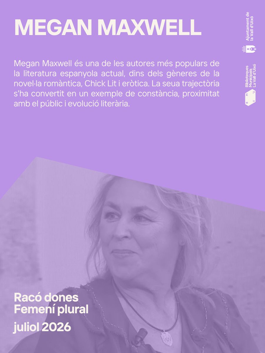 bibliolavall's tweet photo. MEGAN MAXWELL💜 és la protagonista del Racó Femení Plural del mes juliol a la biblioteca.

💕Megan Maxwell és una de les autores més populars de la literatura espanyola actual, dins dels gèneres de la novel·la romàntica, Chick Lit i eròtica. https://t.co/JdV15Llwz5