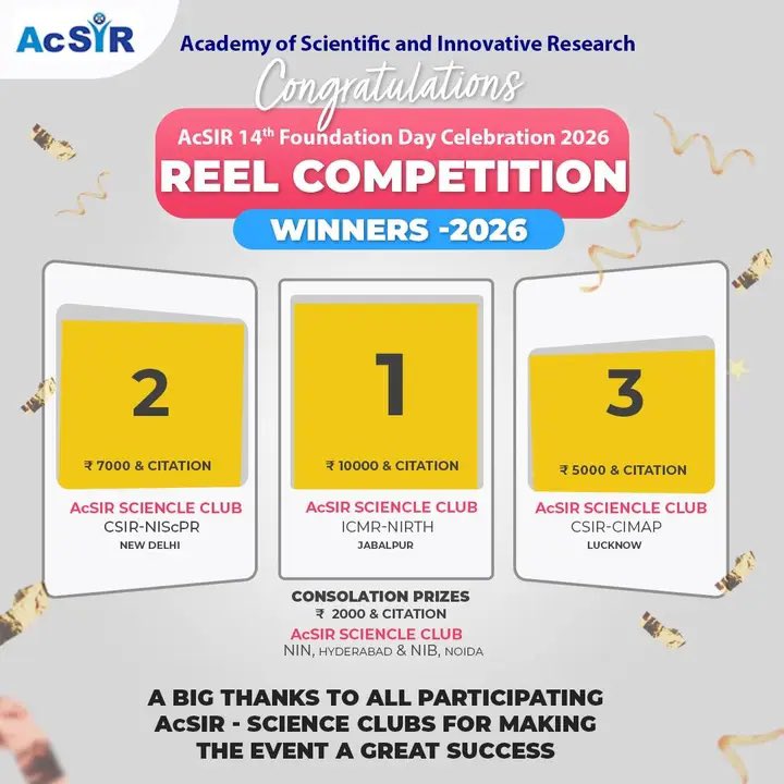 acsir41390's tweet photo. 🥉 Proud Moment!
AcSIR Science Club, CSIR-CIMAP secured 3rd Prize in the AcSIR Foundation Day 2026 Reel Competition. 🎬✨
A testament to creativity, teamwork, and scientific outreach.
#AcSIR #CSIRCIMAP #ScienceCommunication https://t.co/ef3Y90IJu5