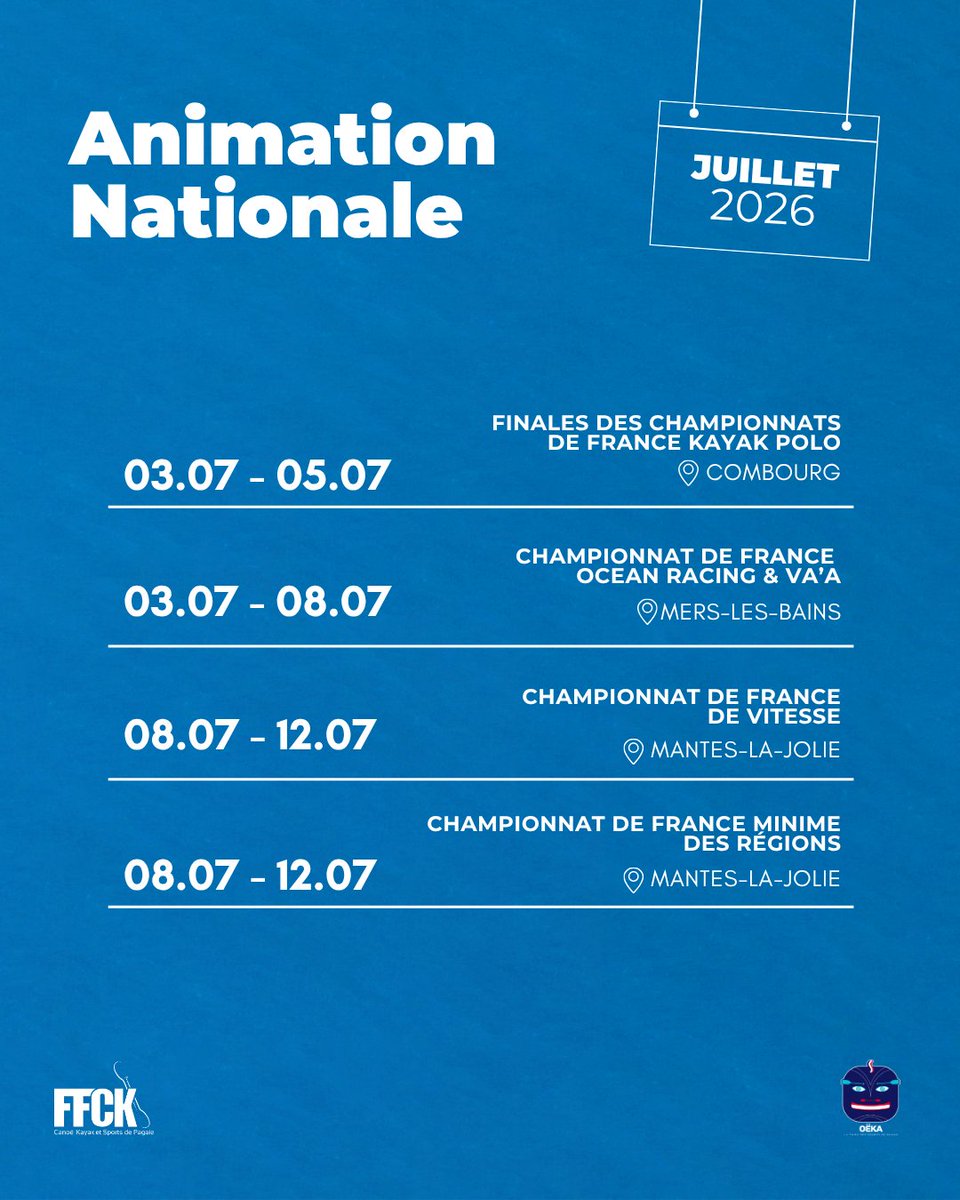 FF_CanoeKayak's tweet photo. 📷 Championnats de France sont inscrits au calendrier de l'animation nationale de juillet 📷

Retrouvez les dates des compétitions ci-dessous 📷 https://t.co/7264XjTVjo