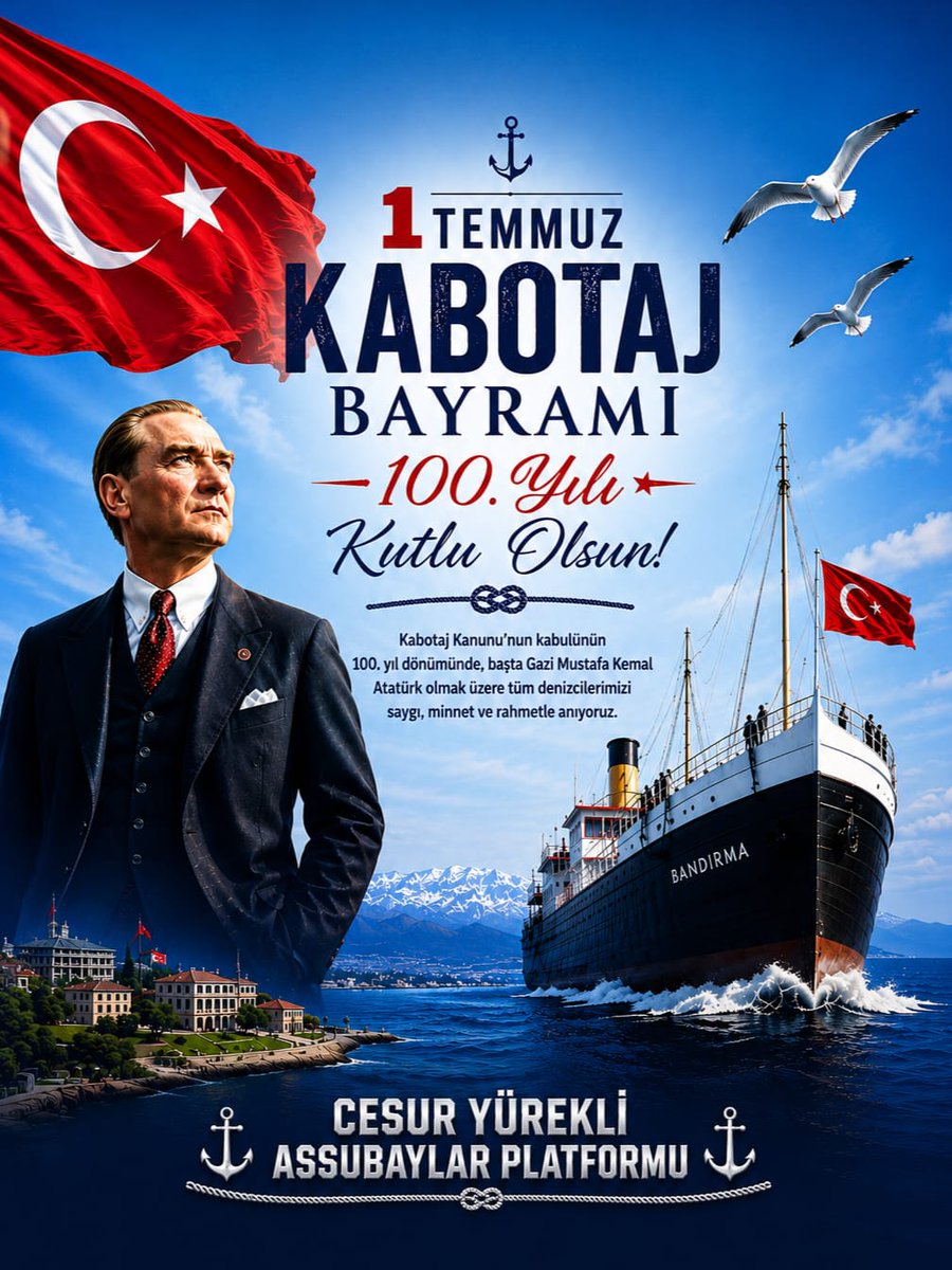 esra3570's tweet photo. 1 Temmuz 2026… 100. YılDenizin derinliğinde bir asır saklı…
Tam yüz yıl önce bugün, atalarımız “Bu sular artık bizim!” dedi. Yabancı bayraklar limanlarımızdan, koylarımızdan, mavi vatanımızdan çekildi. Türk bayrağı, kendi sularımızda gururla dalgalanmaya başladı.Yüreğim kabarıyor…
1926’dan beri nice fırtına, nice şehit, nice zafer… Karadeniz’in hırçın dalgaları, Ege’nin zeytin kokulu rüzgârları, Akdeniz’in sıcak kucağı… Hepsi artık Türk gemilerinin gölgesinde.  Yüz yıl…
Bu, sadece zaman değil; bu, bir milletin denize vurduğu mühürdür. Balıkçımızın ağına, kaptanımızın dümenine, denizcimizin göğsündeki “Vatan” yazısına işlenmiş bir mühür.Bugün o mührü bir kez daha öpüyoruz.
Torunlar olarak, dedelerimizin emanetine sahip çıkıyoruz. Maviliğe bakıp “Bu vatan bizim, bu deniz bizim!” diyoruz.
100. Kabotaj Bayramımız kutlu olsun!
Yürekten, gururla, gözlerimiz dolarak…