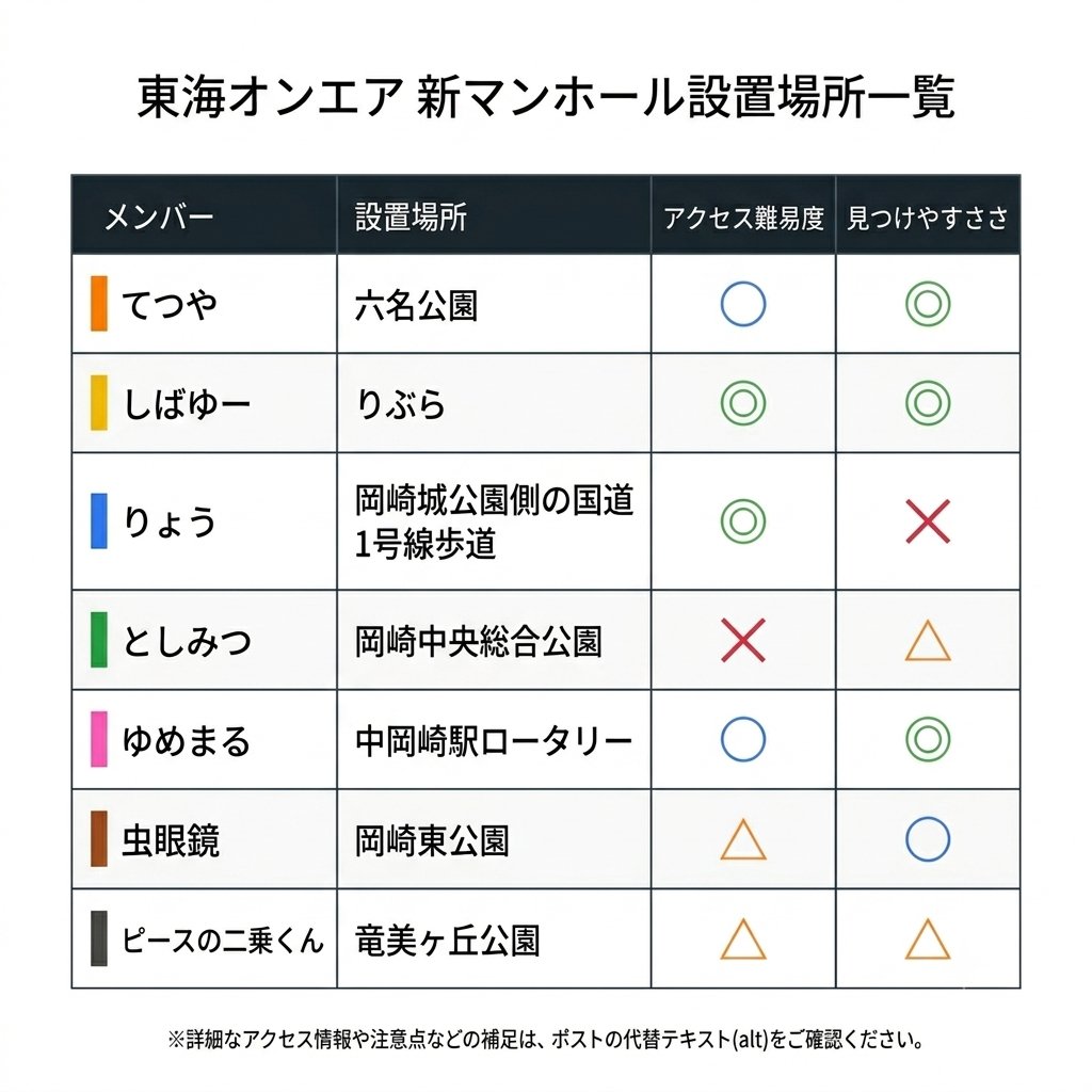 jekt_okazaki's tweet photo. 東海オンエア第2弾マンホールが今日から設置されました。
早速雨の中7箇所回りましたが、注意点などいろいろ分かったことがあるのでまとめさせていただきます😀
具体的な注意点は表の画像の代替(ALT)に記載してます。 https://t.co/wK7UKI4qJN