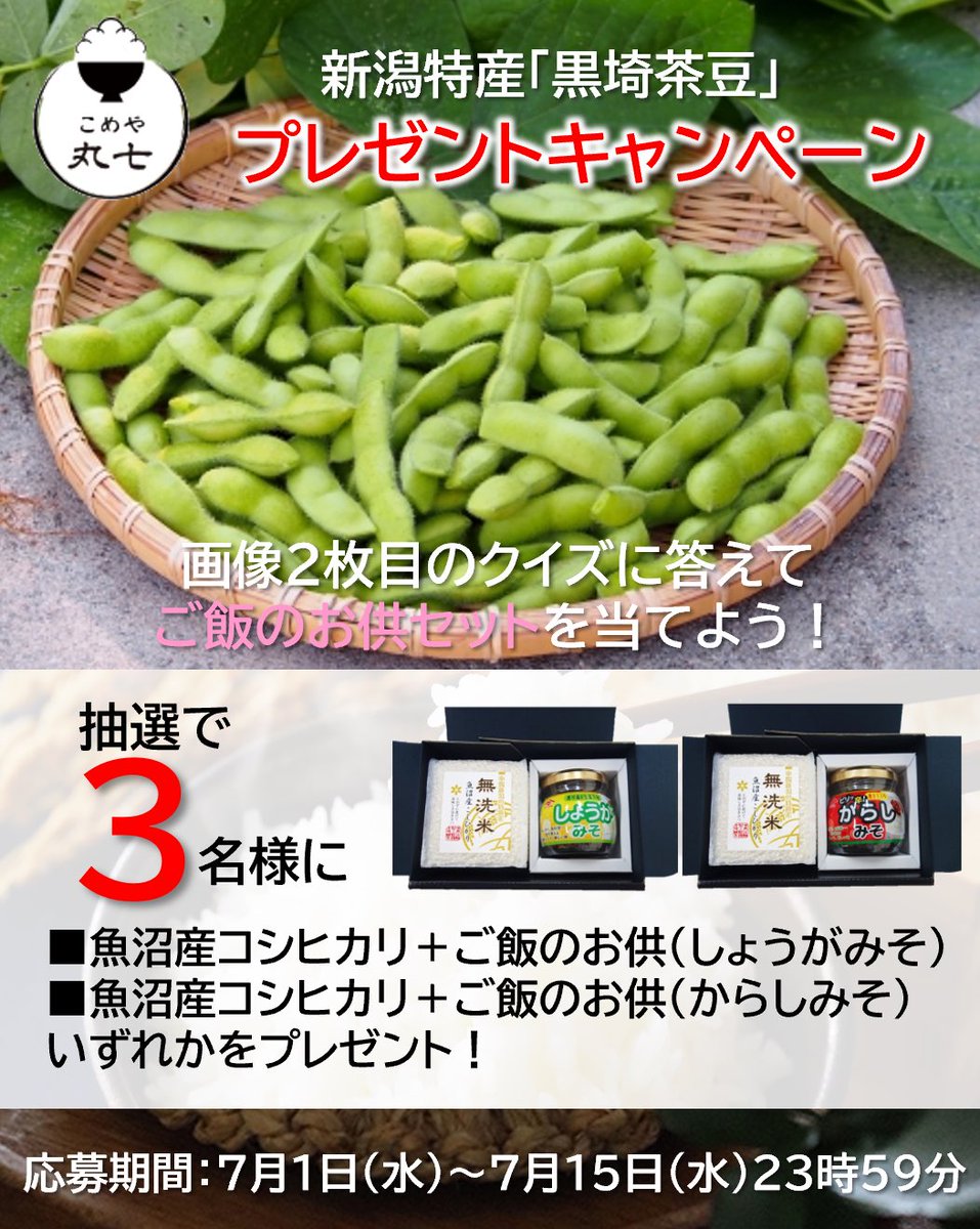 oechoko's tweet photo. ／
新潟特産品「黒埼茶豆」クイズ
プレゼントキャンペーン🎁
＼
 
《応募方法》
1️⃣アカウントをフォロー
2️⃣この投稿をリポスト＆いいね❤️
3️⃣クイズの回答①～③を選んでコメント欄に返信
 
クイズのヒントは
公式オンラインショップに😀
 
正解した方の中から抽選で３名様にプレゼント　#プレゼント https://t.co/5yJghbHm2a