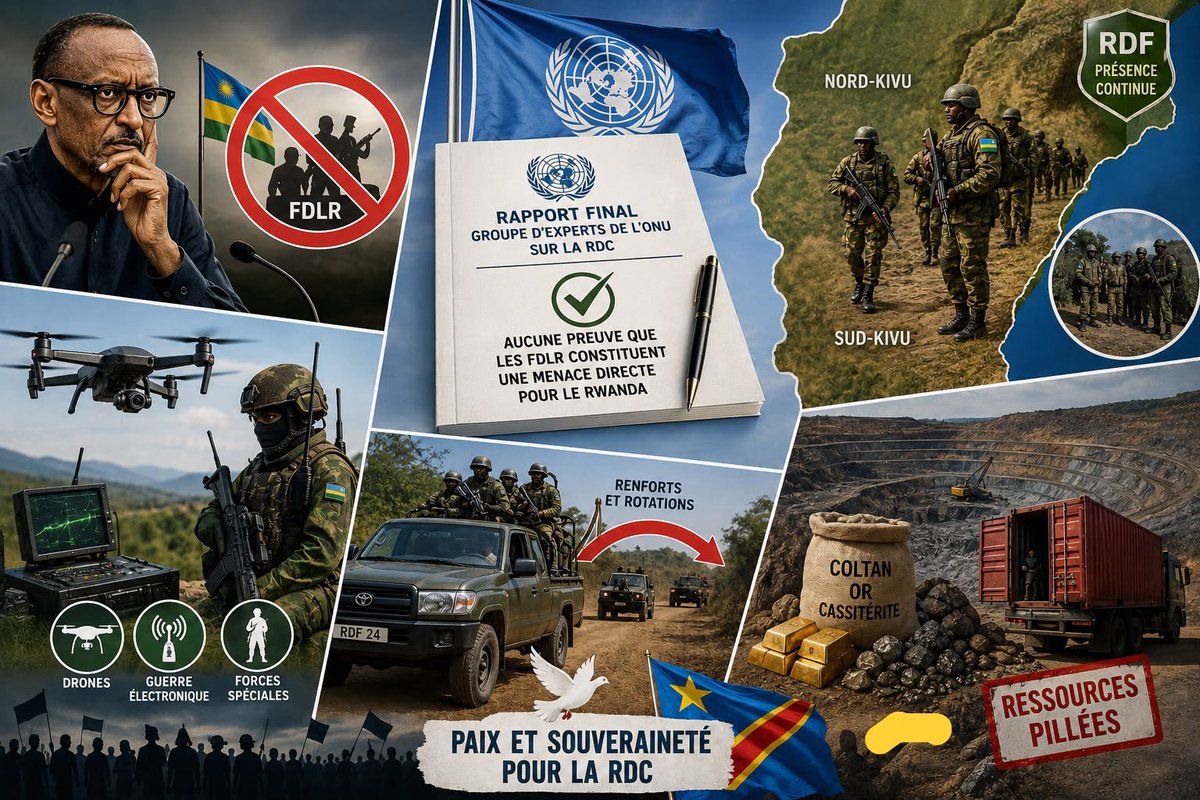 Nevesbabe's tweet photo. 🚨 Le rapport final du Groupe d’experts de l’ONU sur la RDC remet sérieusement en question la justification sécuritaire avancée par Kigali pour sa présence militaire dans l’est du Congo.

🔍 Selon les experts onusiens, ils n’ont trouvé aucune preuve indiquant que les FDLR constituent une menace directe pour le Rwanda susceptible de justifier une intervention militaire en RDC.

📊 Le rapport documente également la présence continue des Forces de défense rwandaises (RDF) dans le Nord-Kivu et le Sud-Kivu, avec des effectifs estimés entre 14 000 et 18 000 soldats fin 2025, ainsi que l’arrivée de renforts et la conduite d’opérations militaires utilisant des drones, des moyens de guerre électronique et des forces spéciales.

📍 L’ONU affirme aussi que les RDF ont mené des opérations dans certaines zones où aucune présence des FDLR n’avait été signalée, ce qui soulève des interrogations quant à l’argument de « légitime défense » invoqué par Kigali.

⚔️ Le rapport indique par ailleurs que les RDF ont fourni un soutien opérationnel constant à l’AFC/M23, notamment en occupant des positions stratégiques et en ouvrant des couloirs opérationnels.

🌍 Ces conclusions alimentent davantage le débat international sur les causes réelles du conflit dans l’est de la RDC et renforcent les appels au respect de la souveraineté congolaise, à la fin des violences et à une plus grande transparence sur les dynamiques sécuritaires et économiques qui entretiennent cette guerre.

Source: https://t.co/3TSJZZgRBk
