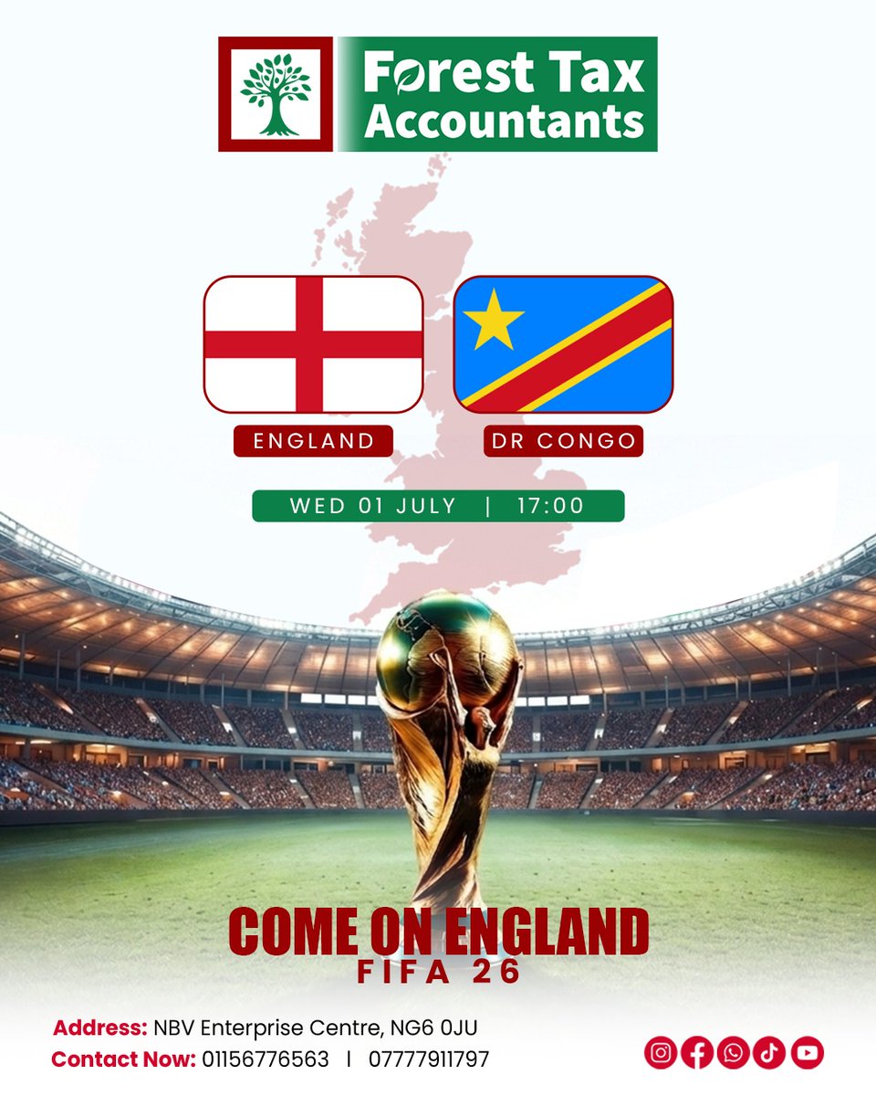ForestTaxAcc's tweet photo. 🏴󠁧󠁢󠁥󠁮󠁧󠁿 ENG vs DR CON 🏆
Wed 01 July | 17:00 | #FIFA26
Enjoy every moment of the match, and we will handle your taxes.
No offside traps with HMRC when FTA is on your team.
📍 NBV Enterprise Centre NG6 0JU
📞 07777911797
#ComeOnEngland #TaxHelp #Nottingham #UKTax #Accountants https://t.co/t04O1qRV6N