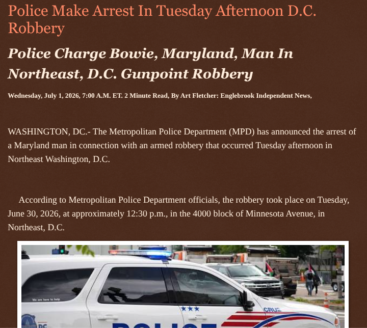 ArtFletcher9's tweet photo. Police Make Arrest In Tuesday Afternoon D.C. Robbery https://t.co/hRgnHGP0Xb via @Englebrooknews #WashingtonDC #NortheastDC #CrimeNews #GunpointRobbery #Arrest #ArmedEobbery #Charges @HRG_Media @LodiNJNews @fordmb1 @SarahGeving1 @Shannon96574094 @DanCook26214426 @gator4kb18 @TrumpWasRite2 @KathyKbrose @RobGerundo @JimBobW49